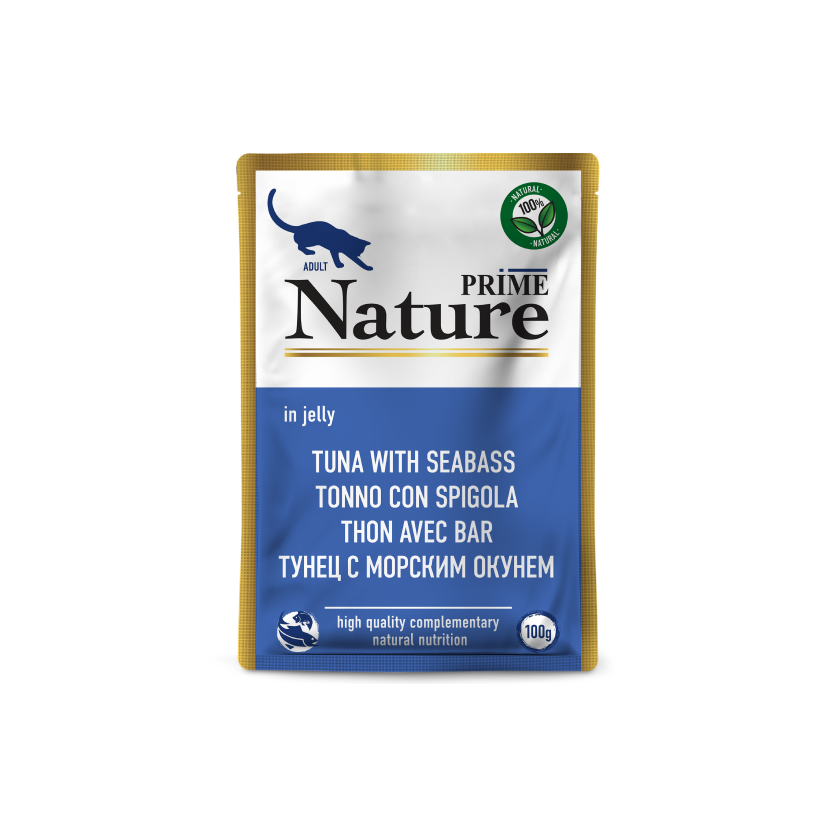 пауч Prime Nature 100г в желе Тунец с Морским Окунем для Кошек