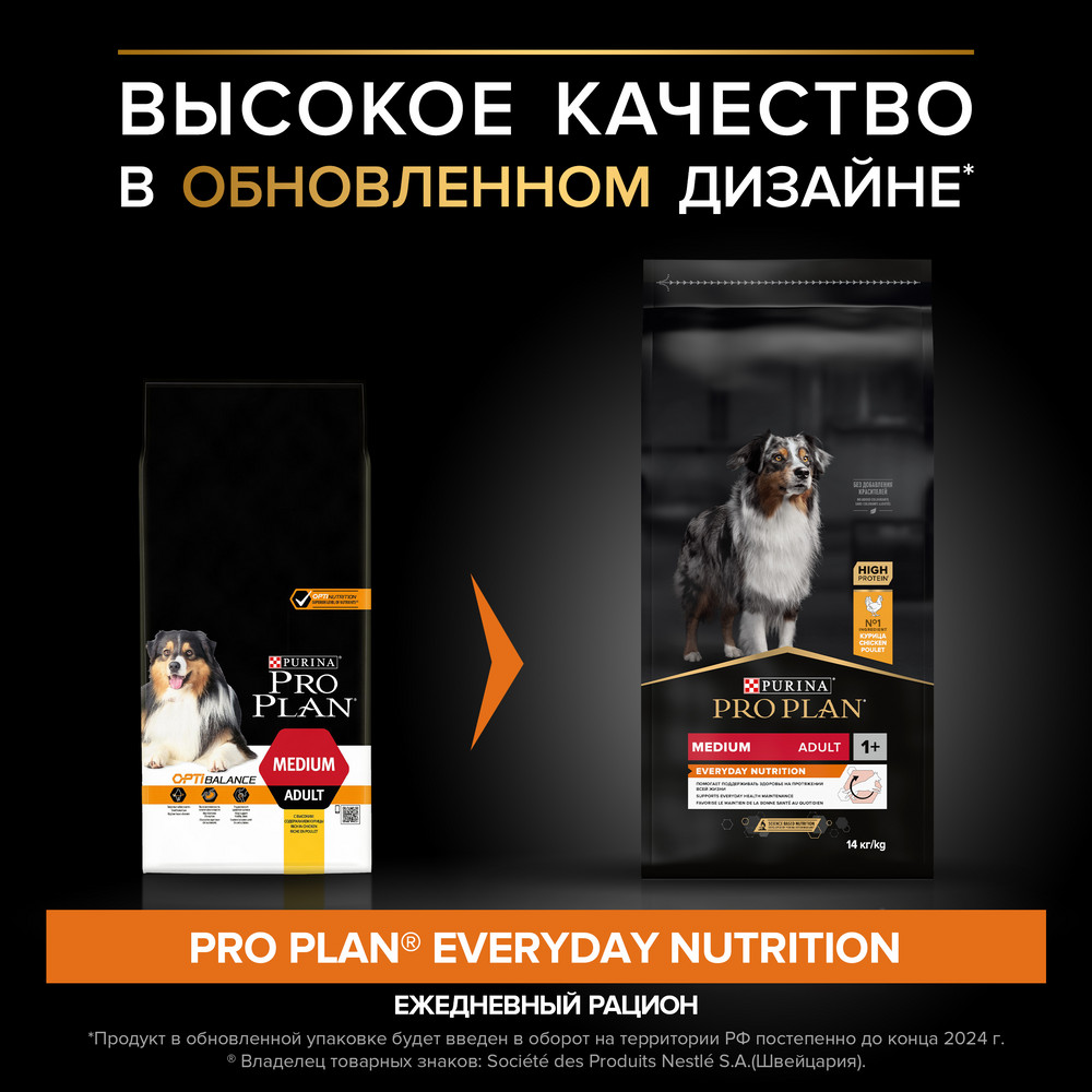 Сухой корм PRO PLAN для собак средних пород, с курицей, 14 кг