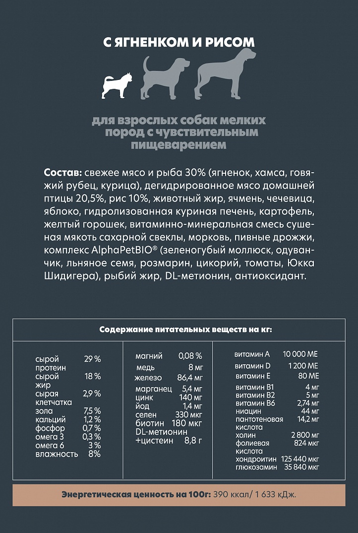 AlphaPet 1,5кг для Собак Мелких пород с чувствительным пищеварением с Ягненком и рисом