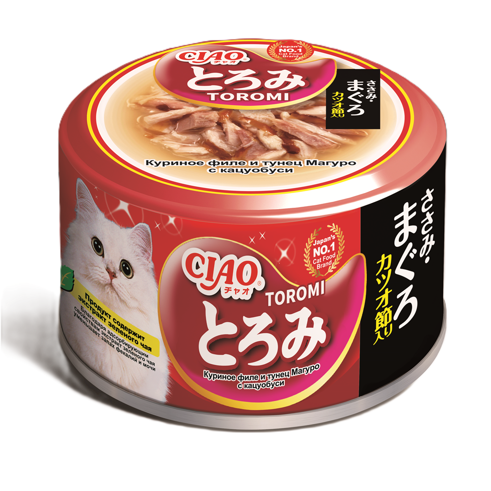 конс. Inaba Ciao Toromi 80г в бульоне Куриное филе и Тунец магуро с Кацуобуси для Кошек