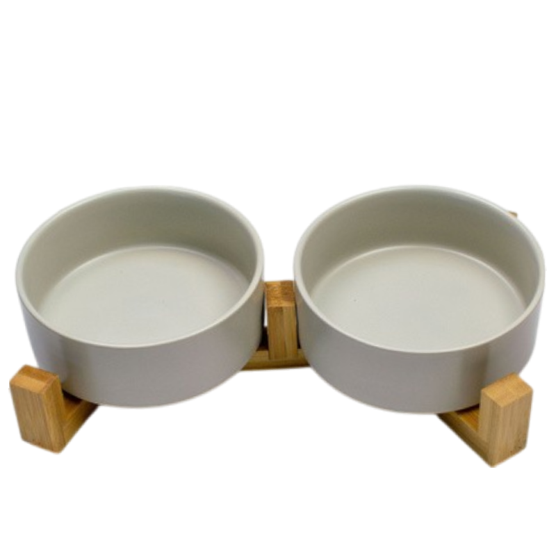 Миска керамическая TopPet двойная большая на деревянной подставке, светло-серая 2х750 мл