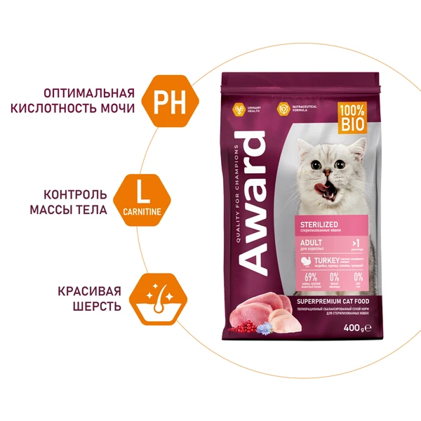 Award Sterilized для Стерилизованных Кошек с Индейкой 400г