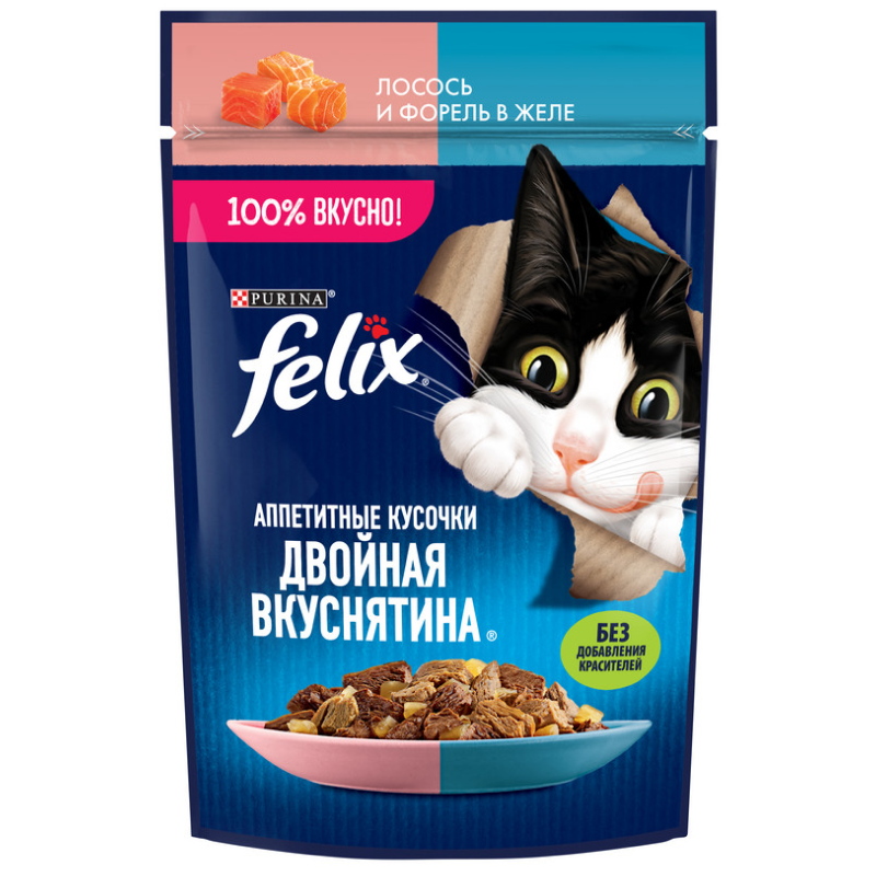 Влажный корм Felix Двойная вкуснятина для кошек, с лососем и форелью в желе, 75 г 