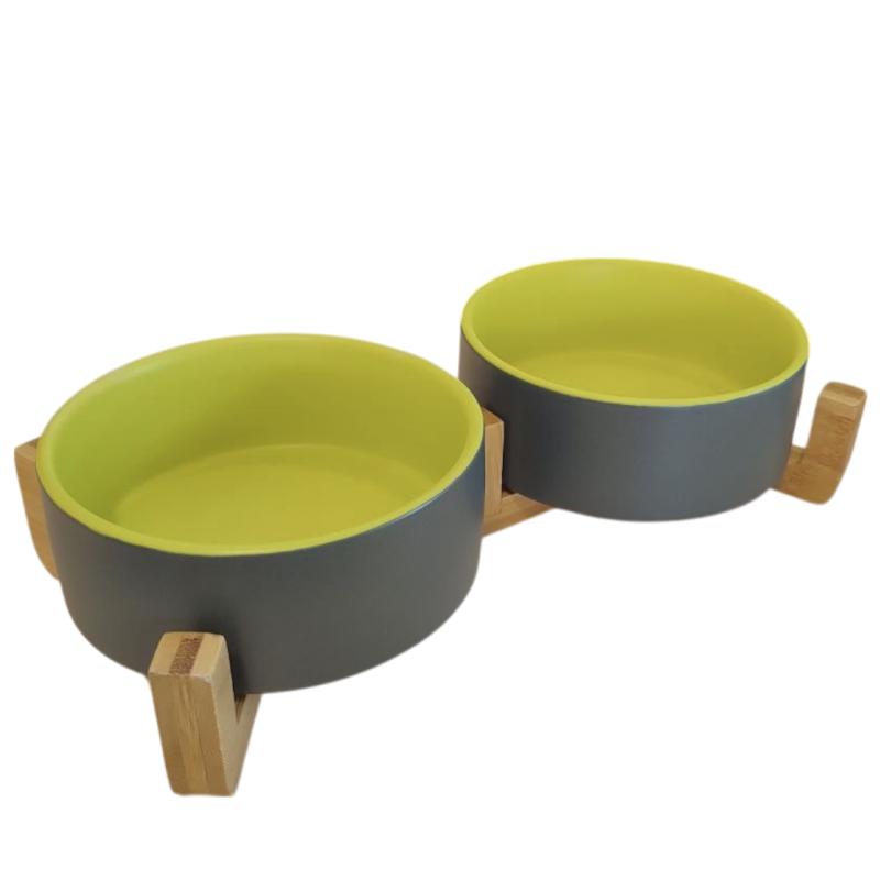 Миска керамическая TopPet двойная на деревянной подставке, серо-салатовая 2х350 мл