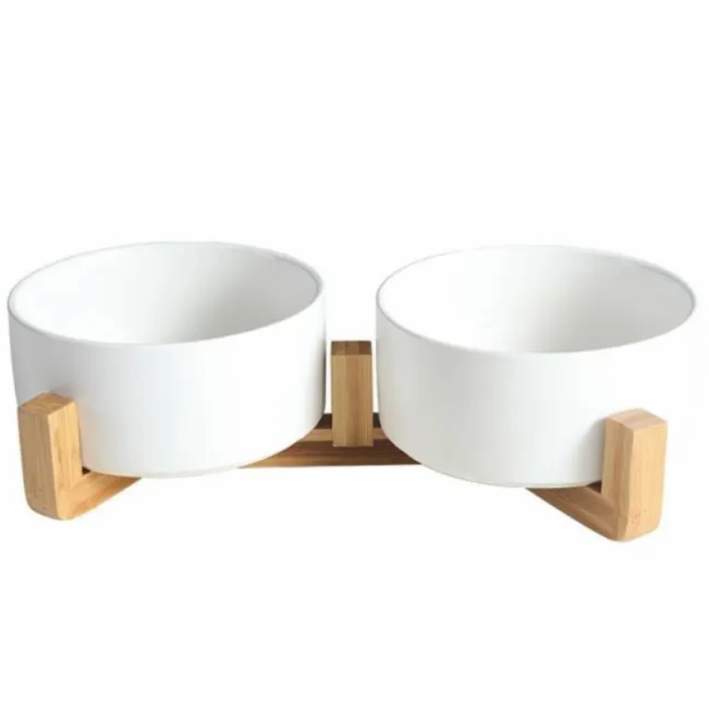 Миска керамическая TopPet двойная на деревянной подставке, белая 2х350 мл