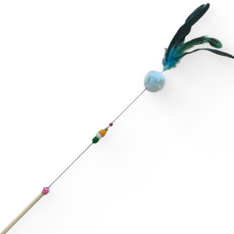 Дразнилка TopPet с меховым мячиком и пером, деревянная ручка