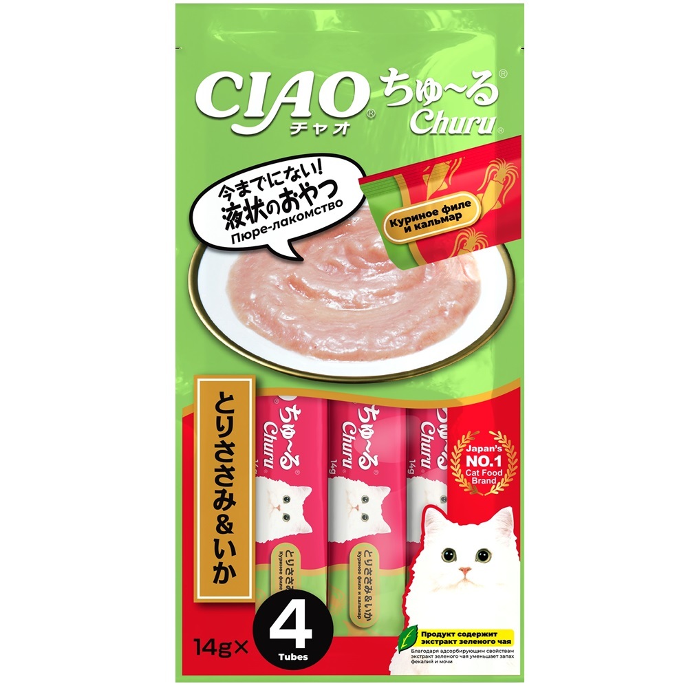Inaba Ciao Churu пюре 14г*4 Куриное филе и Кальмар для Кошек (4шт)