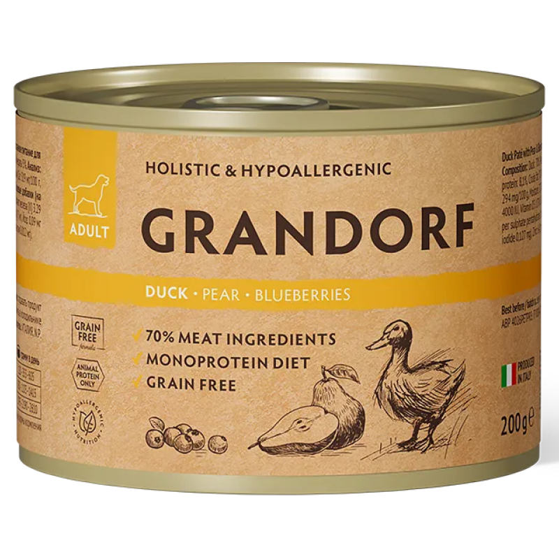 конс. Grandorf для Собак Паштет из утки с грушей и черникой 200г