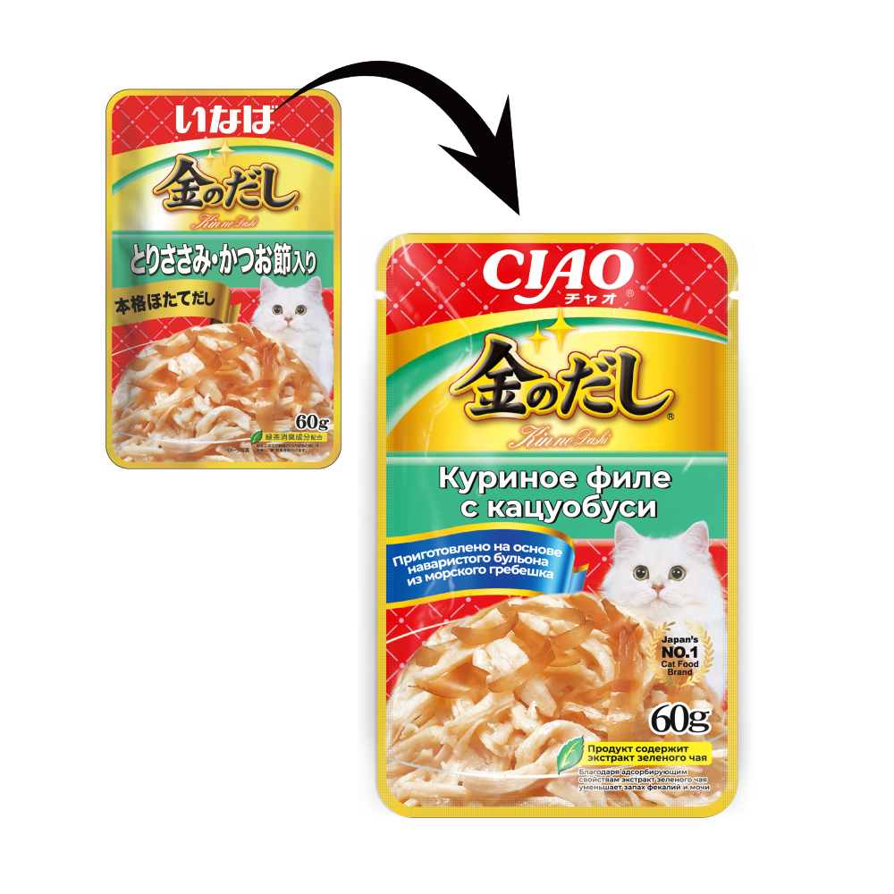 пауч Inaba Ciao Kinnodashi 60г в желе Куриное филе с Кацуобуси для Кошек