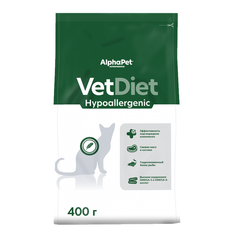 AlphaPet Vet Diet Cat Hypoallergenic 400г для Кошек при пищевой аллергии и непереносимости