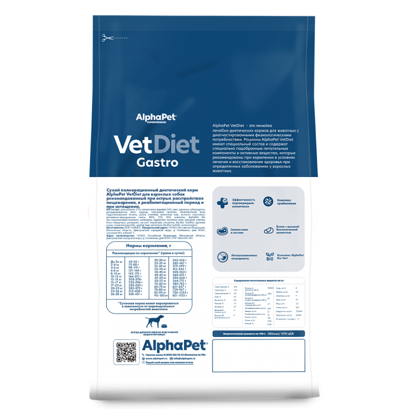 AlphaPet Vet Diet Dog Gastro 2кг для Собак при расстройствах пищеварения, в реабилитационный период