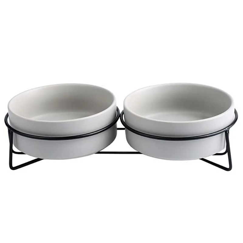 Миска керамическая TopPet двойная на металлической подставке, белая 2х350 мл