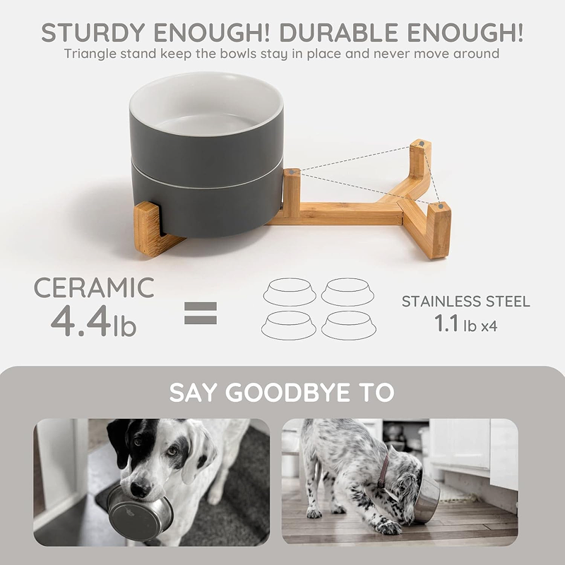 Миска керамическая TopPet двойная большая на деревянной подставке, серо-белая 2х750 мл