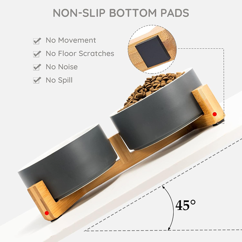 Миска керамическая TopPet двойная на деревянной подставке, серо-белая 2х350 мл