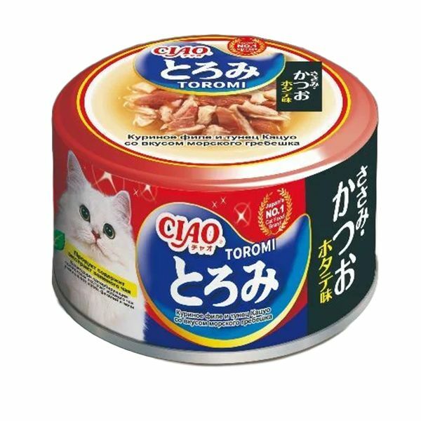 конс. Inaba Ciao Toromi 80г в бульоне Куриное филе и Тунец кацуо со вкусом Гребешка для Кошек