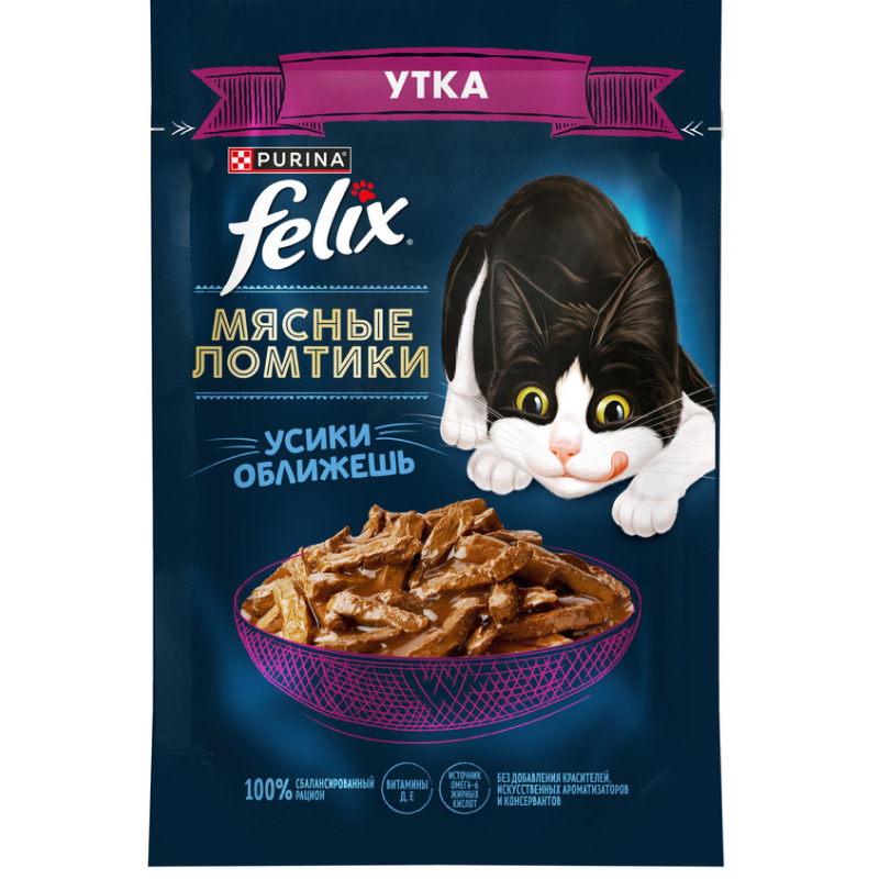 Felix Мясные Ломтики, Корм консервированный полнорационный для взрослых кошек, с уткой, 75г