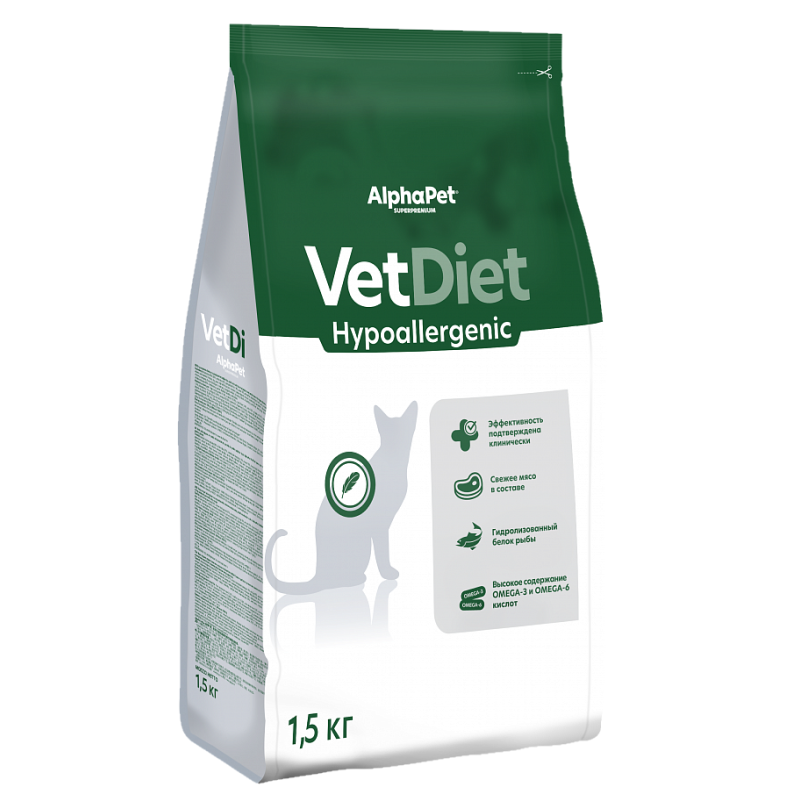AlphaPet Vet Diet Cat Hypoallergenic 1,5кг для Кошек при пищевой аллергии и непереносимости
