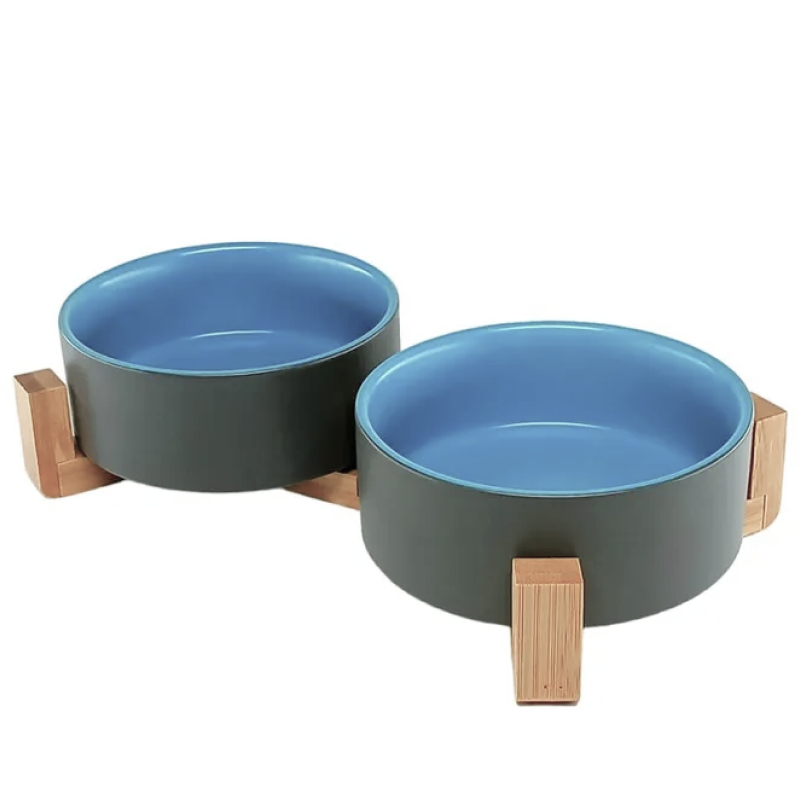 Миска керамическая TopPet двойная на деревянной подставке, серо-синяя 2х350 мл