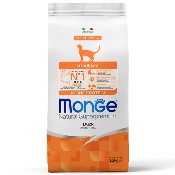 Monge Cat Monoprotein Sterilized для Стерилизованных Кошек 1,5кг с Уткой