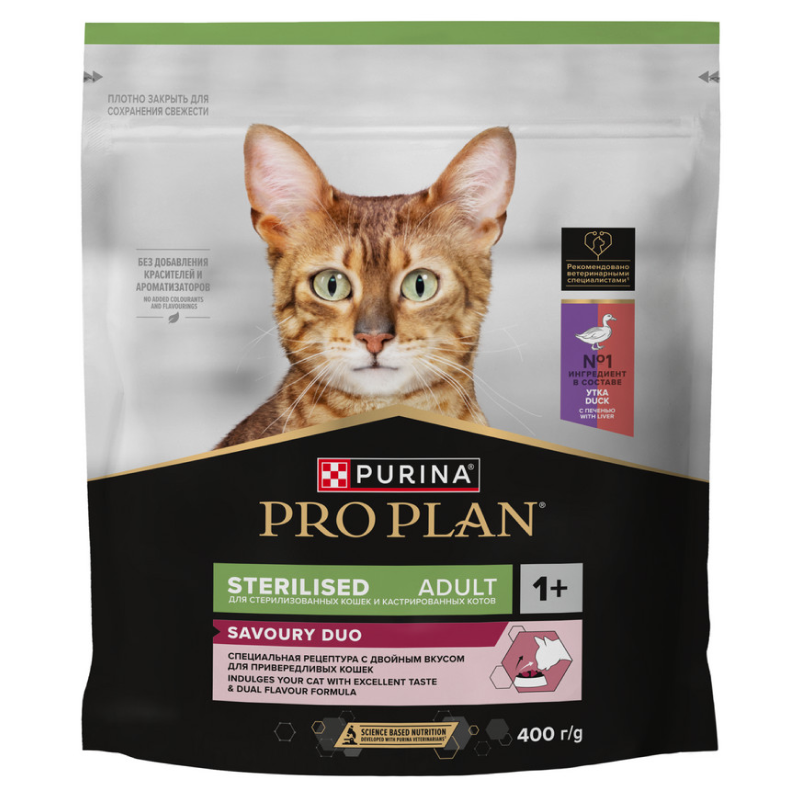 Сухой корм PRO PLAN для стерилизованных кошек c уткой и печенью, 400 г