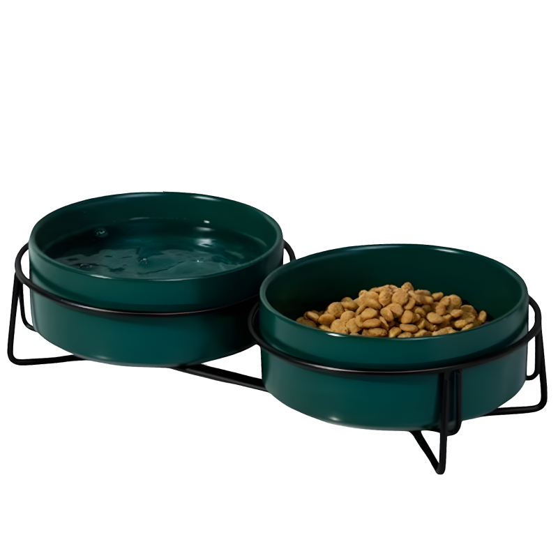 Миска керамическая TopPet двойная большая на металлической подставке, темно-зеленая 2x750 мл 