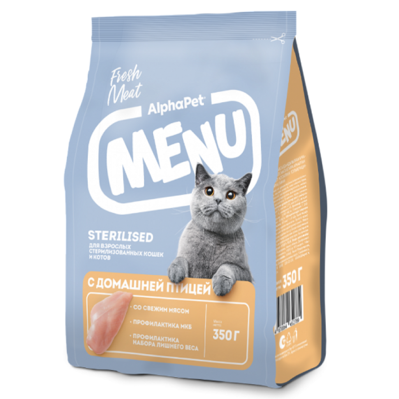 AlphaPet Menu 350г для взрослых стерилизованных кошек с домашней птицей