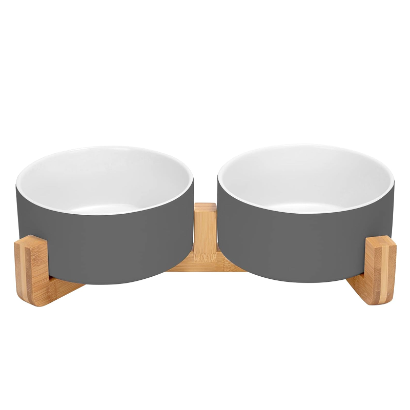 Миска керамическая TopPet двойная на деревянной подставке, серо-белая 2х350 мл
