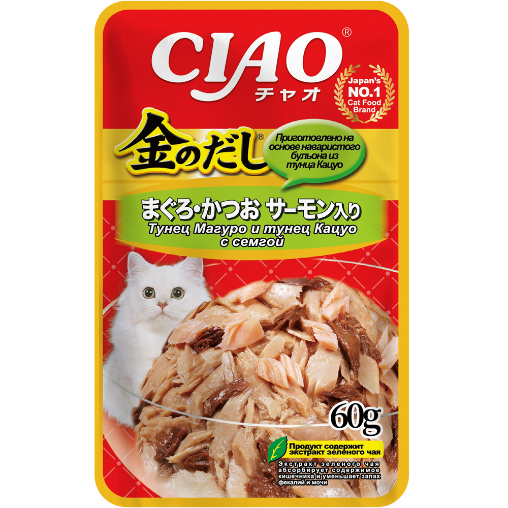 пауч Inaba Ciao Kinnodashi 60г в желе Тунец магуро и кацуо с Семгой для Кошек