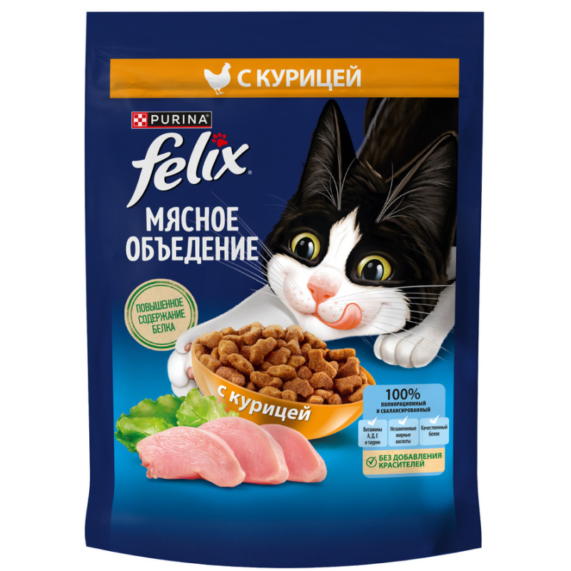 Сухой корм Felix Мясное объедение для взрослых кошек, с курицей, 200 г