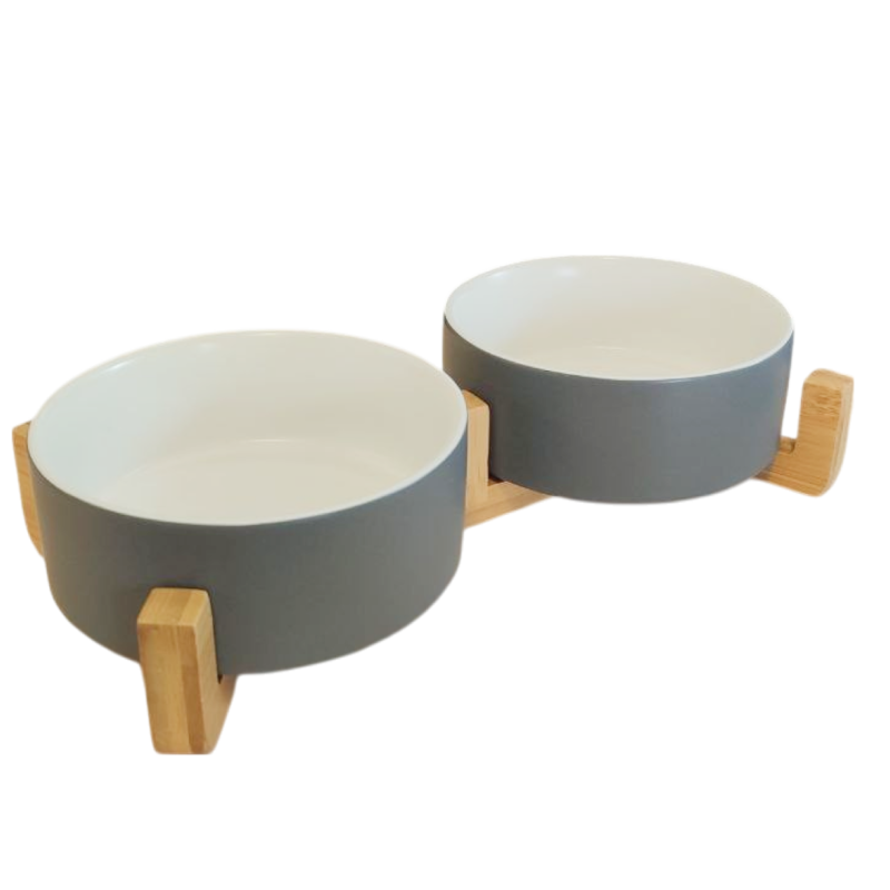 Миска керамическая TopPet двойная на деревянной подставке, серо-белая 2х350 мл