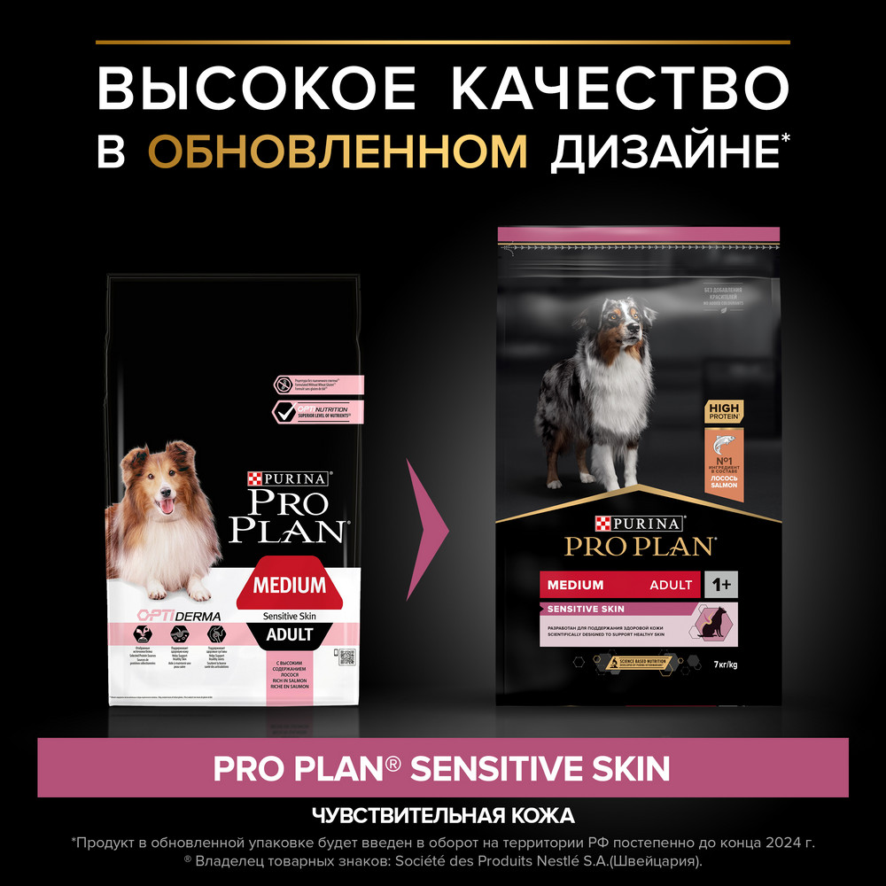 Сухой корм PRO PLAN SENSITIVE SKIN для взрослых собак средних пород с чувствительной кожей, с высоким содержанием лосося, 7 кг