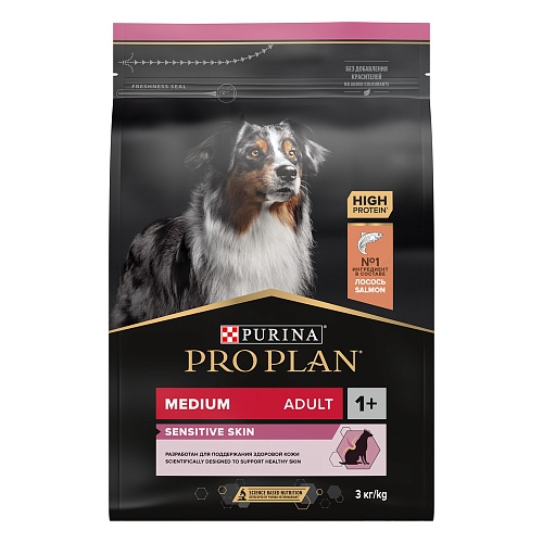Сухой корм PRO PLAN Opti Derma для собак средних пород при чувствительной коже, с лососем, 3 кг